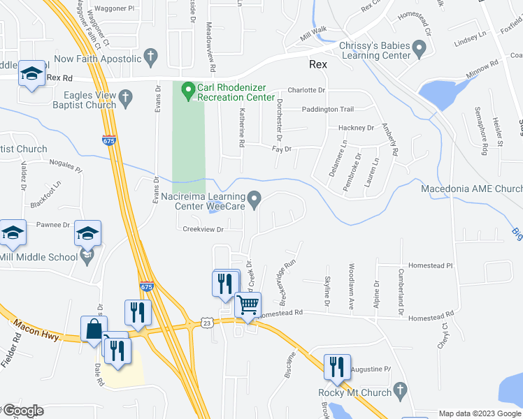 map of restaurants, bars, coffee shops, grocery stores, and more near 6053 Crooked Creek Drive in Rex