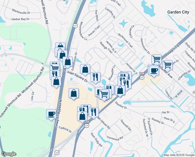 map of restaurants, bars, coffee shops, grocery stores, and more near 170 Offshore Drive in Murrells Inlet