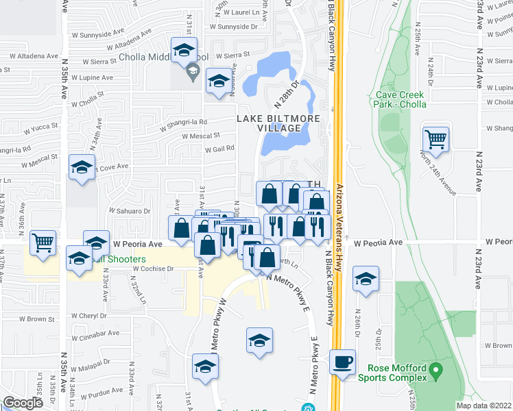 map of restaurants, bars, coffee shops, grocery stores, and more near N 28th Dr & W Sahuaro Dr in Phoenix