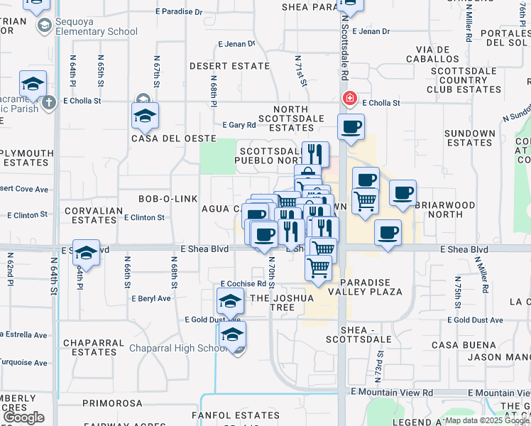 map of restaurants, bars, coffee shops, grocery stores, and more near 7000 East Shea Boulevard in Scottsdale