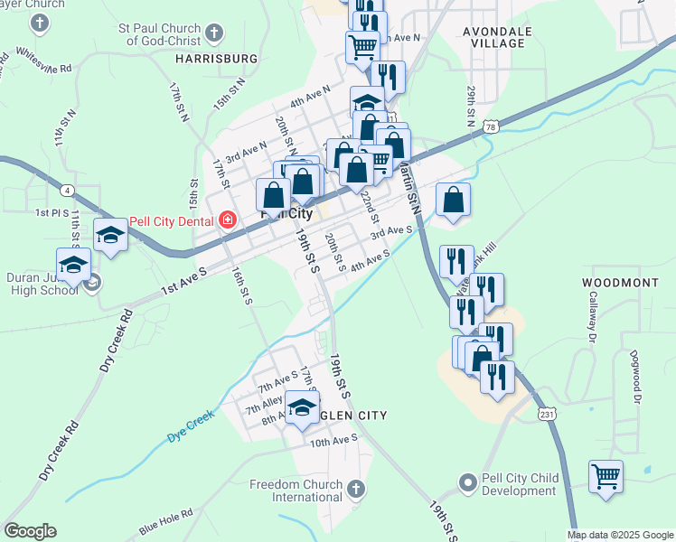 map of restaurants, bars, coffee shops, grocery stores, and more near 317 20th Street South in Pell City