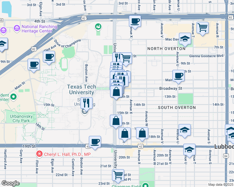 map of restaurants, bars, coffee shops, grocery stores, and more near in Lubbock