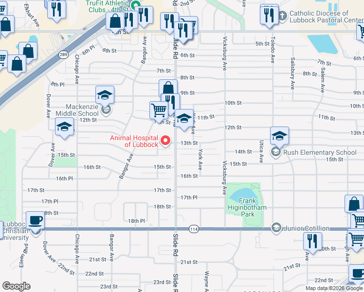 map of restaurants, bars, coffee shops, grocery stores, and more near 5016 14th Street in Lubbock