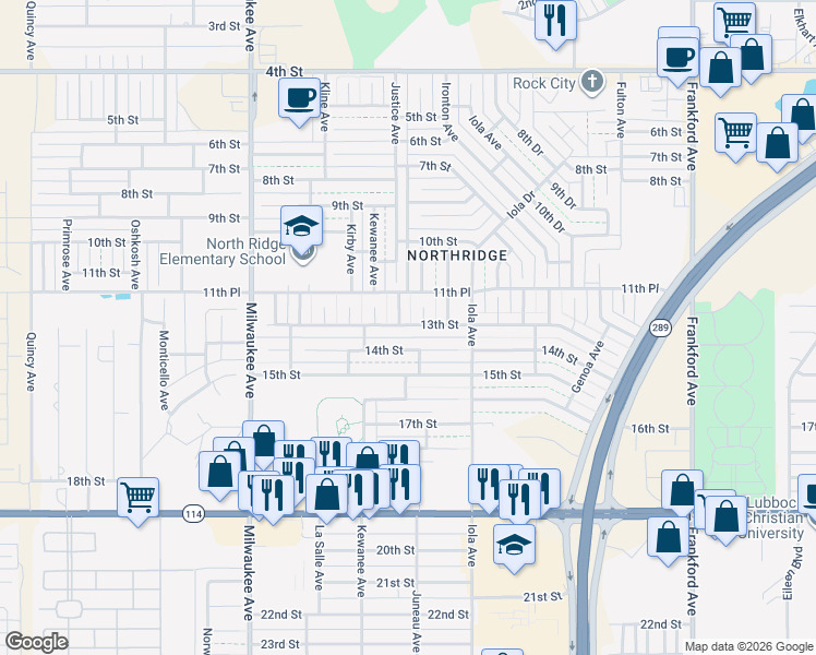map of restaurants, bars, coffee shops, grocery stores, and more near 6202 14th Street in Lubbock
