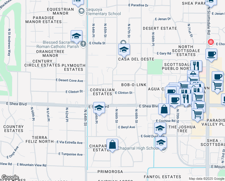 map of restaurants, bars, coffee shops, grocery stores, and more near 6601 East Clinton Street in Scottsdale