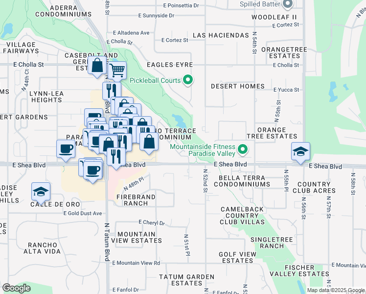 map of restaurants, bars, coffee shops, grocery stores, and more near 5122 East Shea Boulevard in Scottsdale