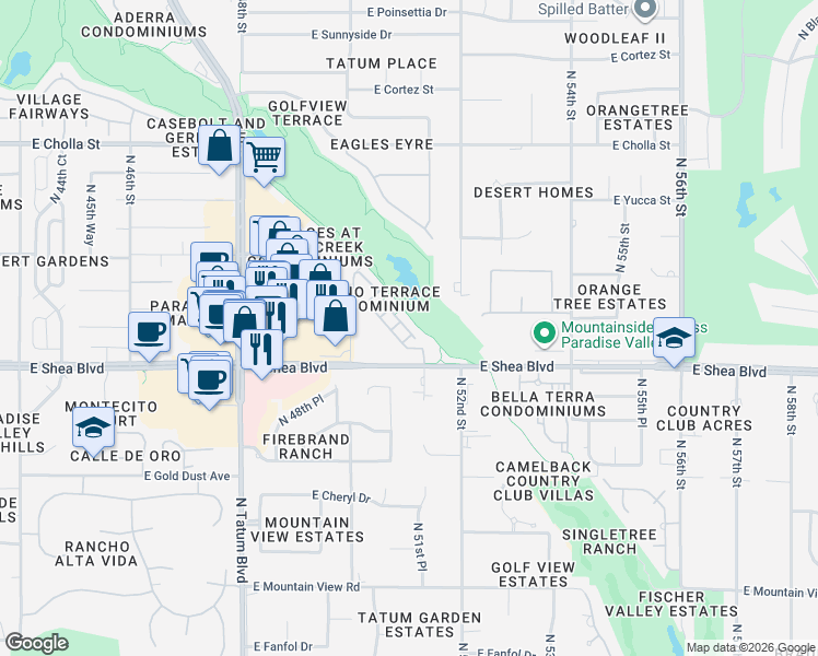 map of restaurants, bars, coffee shops, grocery stores, and more near 5040 East Shea Boulevard in Scottsdale