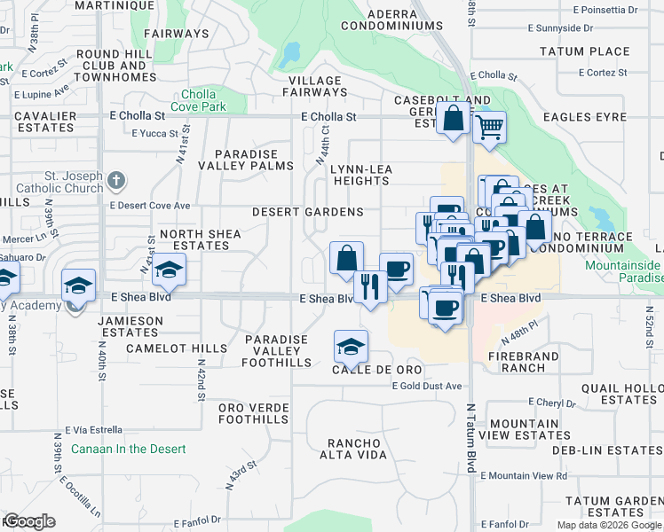 map of restaurants, bars, coffee shops, grocery stores, and more near 4507 East Becker Lane in Phoenix