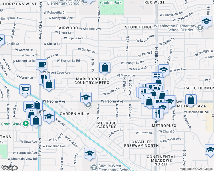 map of restaurants, bars, coffee shops, grocery stores, and more near 3825 West Sahuaro Drive in Phoenix
