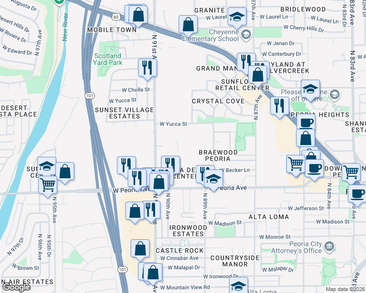 map of restaurants, bars, coffee shops, grocery stores, and more near 10951 North Mobile Home Park in Peoria