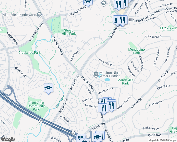 map of restaurants, bars, coffee shops, grocery stores, and more near 24314 Val Verde Court in Laguna Hills