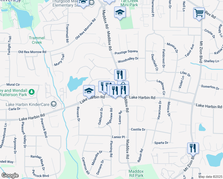 map of restaurants, bars, coffee shops, grocery stores, and more near 2250 Lake Harbin Road in Morrow