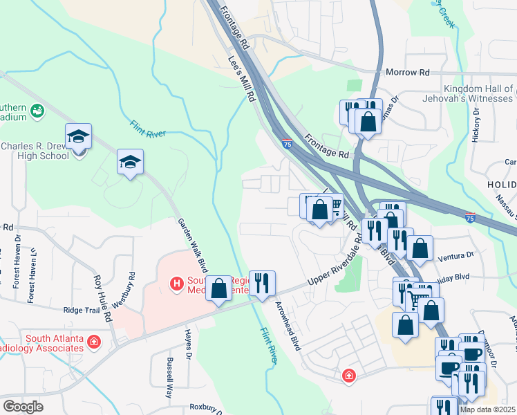 map of restaurants, bars, coffee shops, grocery stores, and more near 275 Upper Riverdale Road in Jonesboro