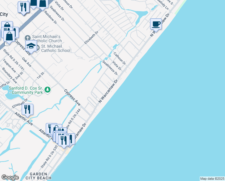 map of restaurants, bars, coffee shops, grocery stores, and more near 1000 North Waccamaw Drive in Murrells Inlet