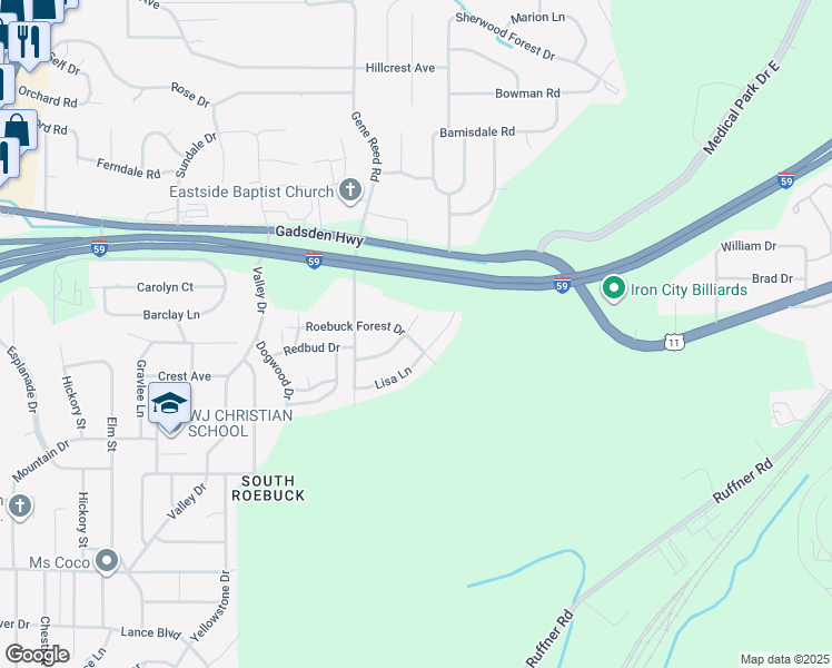 map of restaurants, bars, coffee shops, grocery stores, and more near 701 Rebecca Road in Birmingham