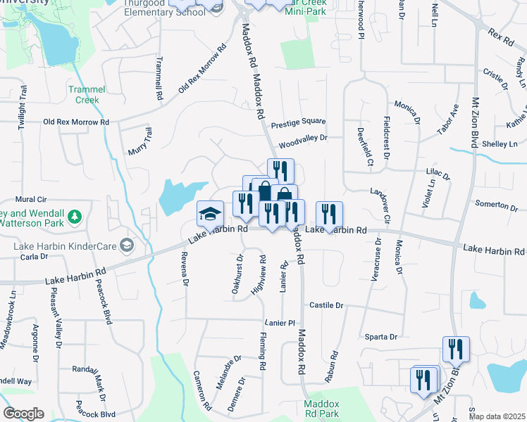 map of restaurants, bars, coffee shops, grocery stores, and more near 2250 Lake Harbin Road in Morrow