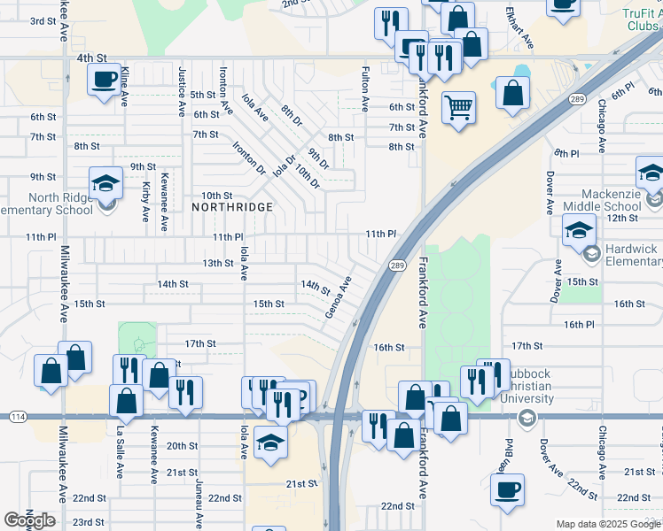 map of restaurants, bars, coffee shops, grocery stores, and more near 5910 13th Street in Lubbock