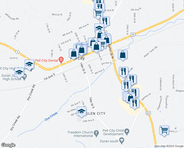 map of restaurants, bars, coffee shops, grocery stores, and more near 319 20th Street South in Pell City