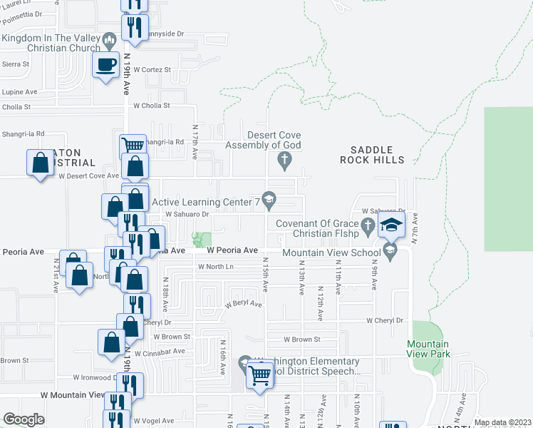 map of restaurants, bars, coffee shops, grocery stores, and more near N 15th Ave & W Sahuaro Dr in Phoenix