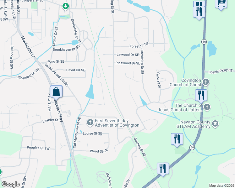 map of restaurants, bars, coffee shops, grocery stores, and more near 7181 Dearing Street Southeast in Covington