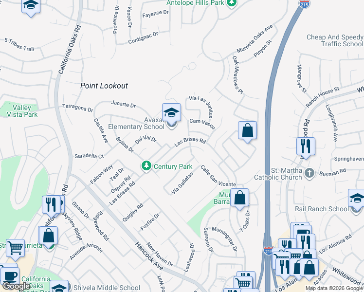 map of restaurants, bars, coffee shops, grocery stores, and more near 39485 Calle San Clemente in Murrieta