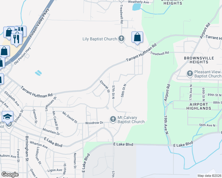 map of restaurants, bars, coffee shops, grocery stores, and more near 5759 57th Street North in Birmingham