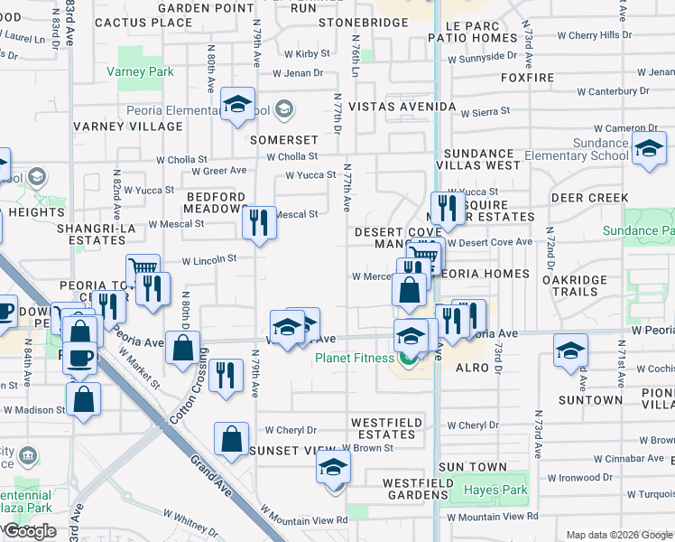 map of restaurants, bars, coffee shops, grocery stores, and more near North Mobile Home Park in Peoria