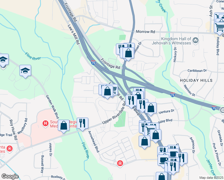 map of restaurants, bars, coffee shops, grocery stores, and more near 6265 Lee's Mill Road in Jonesboro