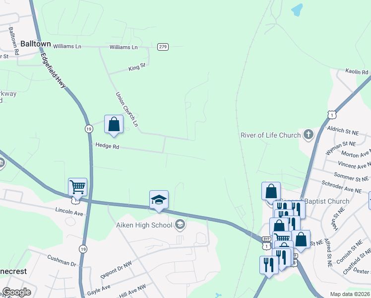 map of restaurants, bars, coffee shops, grocery stores, and more near 203 Hedge Road in Aiken