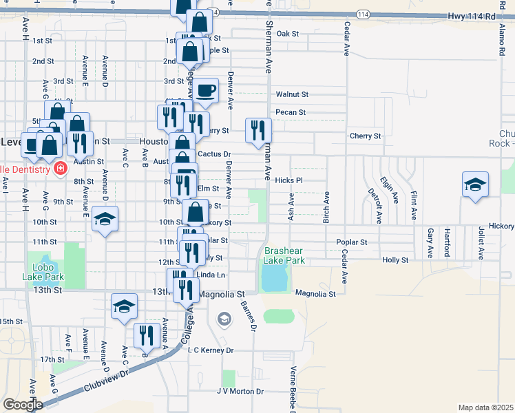 map of restaurants, bars, coffee shops, grocery stores, and more near 1102 Sherman Ave in Levelland