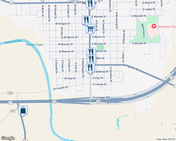 map of restaurants, bars, coffee shops, grocery stores, and more near 507 South Washington Street in Seymour