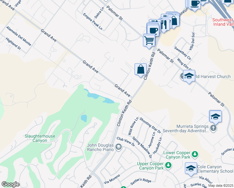 map of restaurants, bars, coffee shops, grocery stores, and more near 36691 Kennemer Drive in Murrieta