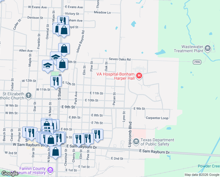 map of restaurants, bars, coffee shops, grocery stores, and more near 1100 Oak Street in Bonham