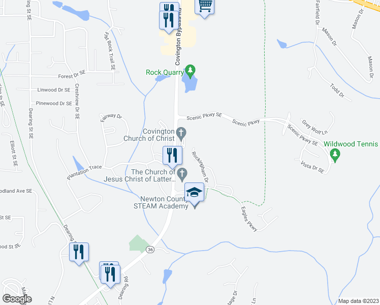 map of restaurants, bars, coffee shops, grocery stores, and more near 155 Rockingham Drive in Covington