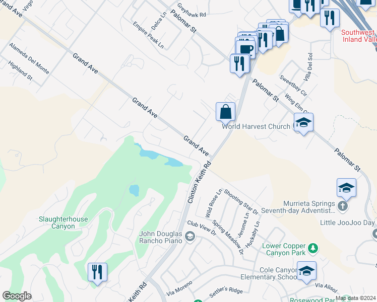 map of restaurants, bars, coffee shops, grocery stores, and more near 36691 Kennemer Drive in Murrieta