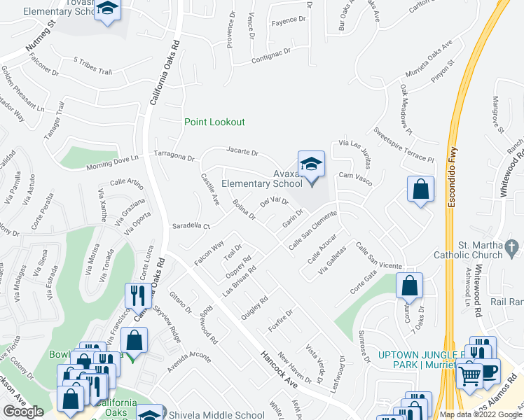 map of restaurants, bars, coffee shops, grocery stores, and more near 39726 Del Val Drive in Murrieta