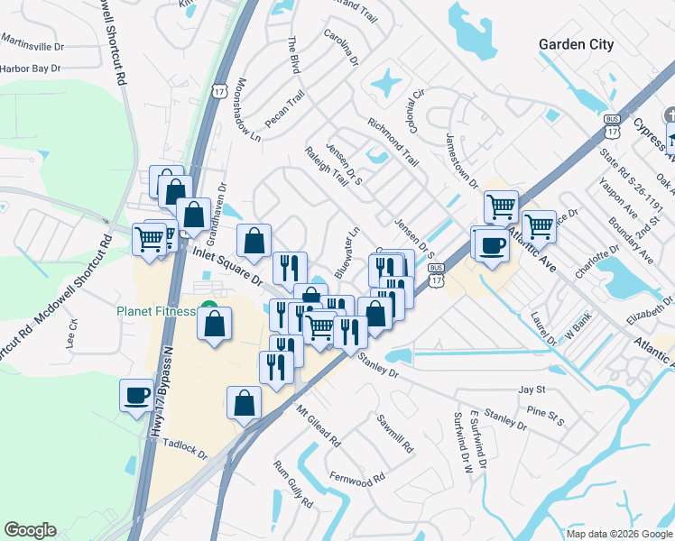 map of restaurants, bars, coffee shops, grocery stores, and more near 23 Shamrock Circle in Murrells Inlet