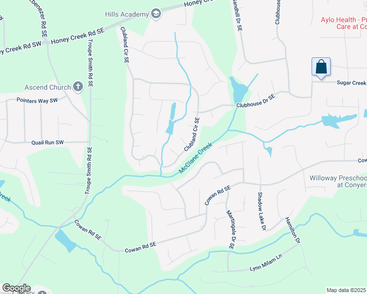 map of restaurants, bars, coffee shops, grocery stores, and more near 586 Clubland Circle Southeast in Conyers