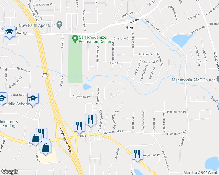 map of restaurants, bars, coffee shops, grocery stores, and more near 6241 Crooked Creek Lane in Rex