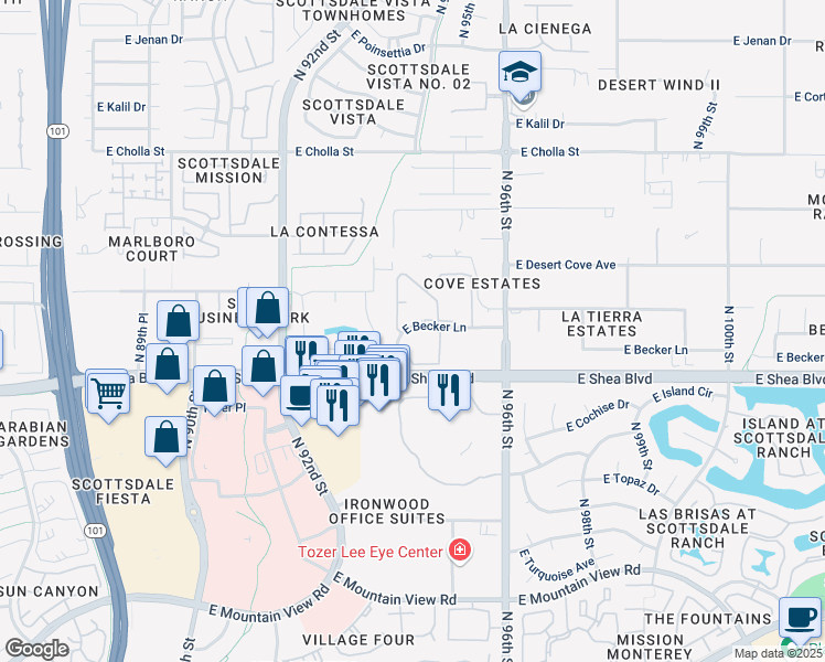 map of restaurants, bars, coffee shops, grocery stores, and more near 9451 East Becker Lane in Scottsdale