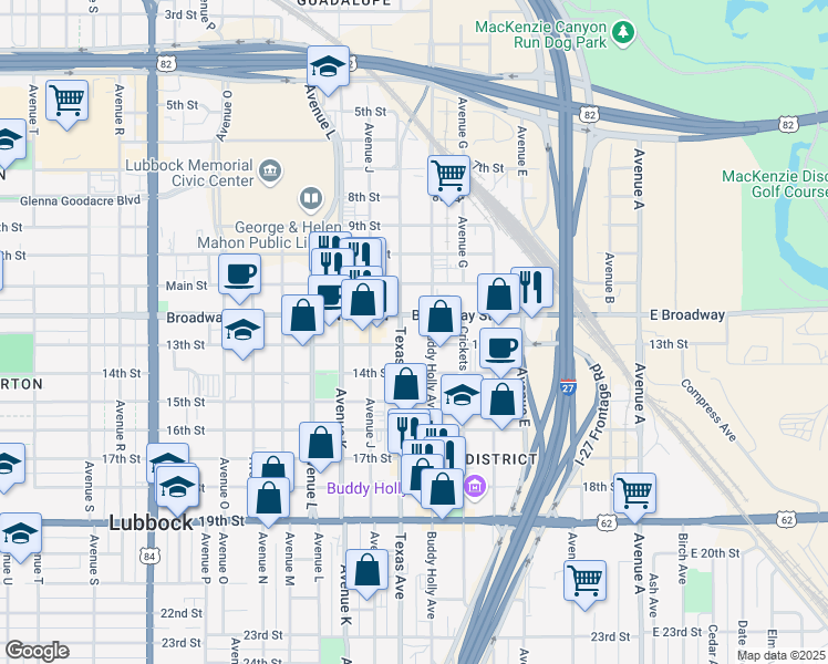 map of restaurants, bars, coffee shops, grocery stores, and more near 1205 Texas Avenue in Lubbock