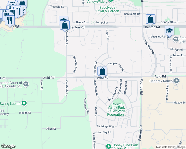 map of restaurants, bars, coffee shops, grocery stores, and more near 37007 High Vista Drive in Murrieta