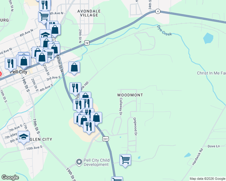map of restaurants, bars, coffee shops, grocery stores, and more near 131 Callaway Drive in Pell City