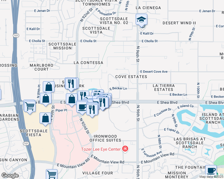 map of restaurants, bars, coffee shops, grocery stores, and more near 9451 East Becker Lane in Scottsdale