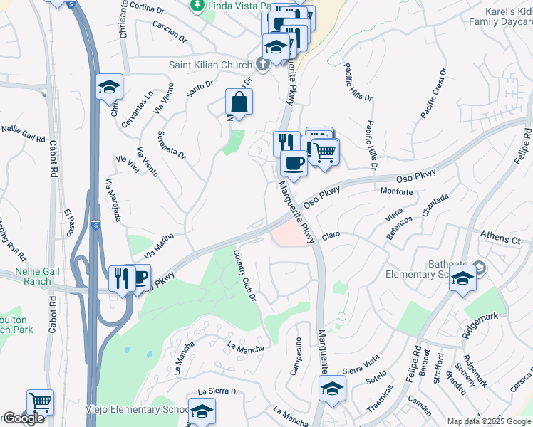 map of restaurants, bars, coffee shops, grocery stores, and more near 26837 Poveda in Mission Viejo