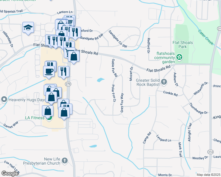 map of restaurants, bars, coffee shops, grocery stores, and more near 6285 Polar Fox Court in Riverdale