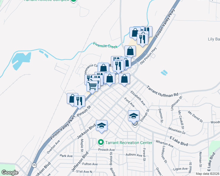 map of restaurants, bars, coffee shops, grocery stores, and more near 1627 Pinson Street in Birmingham
