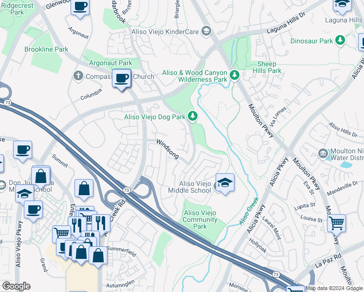 map of restaurants, bars, coffee shops, grocery stores, and more near 81 Cloudcrest in Aliso Viejo