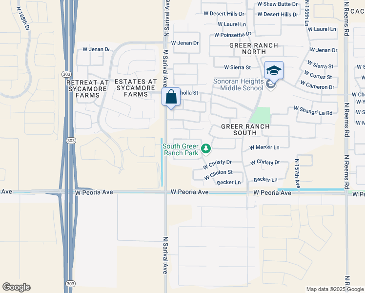 map of restaurants, bars, coffee shops, grocery stores, and more near 16246 West Mercer Lane in Surprise