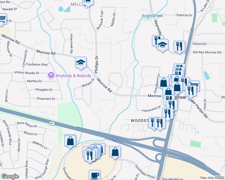 map of restaurants, bars, coffee shops, grocery stores, and more near 1295 Morrow Road in Morrow